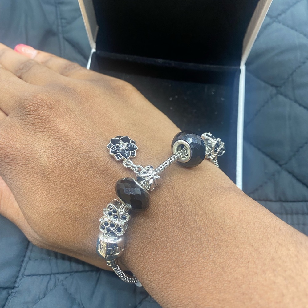 Pandora Silver and Black Bracelet with Elegant Charms